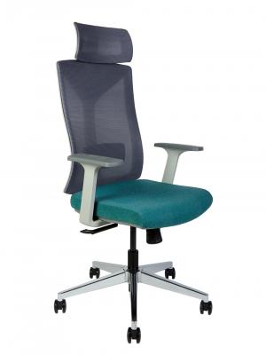 Кресло офисное / Бостон / серая сетка / морская волна ткань / серый пластик / хром крестовина